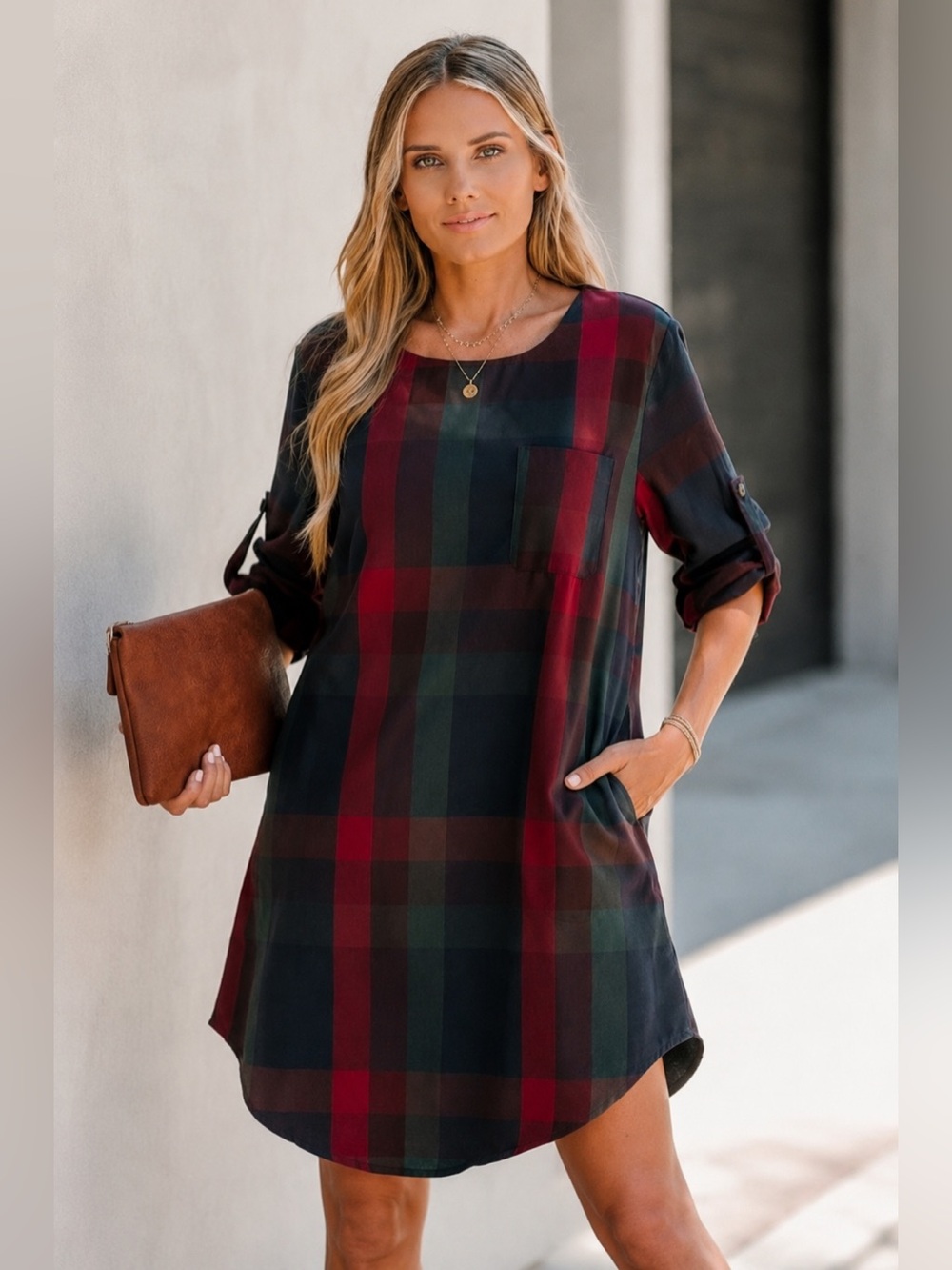 NWT Cupshe Plaid Dress Roll Tab Sleeves w/ Pockets Medium Autumn Casual Holiday